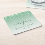 Green Glitter Drip 30th Birthday Party Square Square Paper Coaster<br><div class="desc">These chic,  girly 30th birthday party paper coasters feature a sparkly green faux glitter drip border and green ombre background. Personalize them with the guest of honour's name in green handwriting script,  with her birthday and date below in sans serif font.</div>