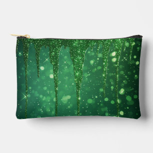 Green Glitter Drip Background With Sparkling Bokeh Accessory Pouch