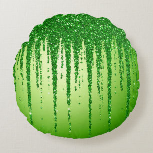 Green Glitter Drip Background With Sparkling Round Pillow