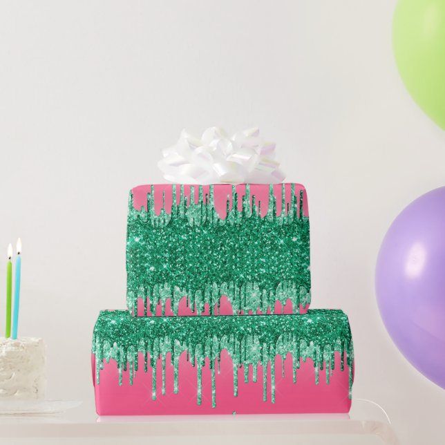 Green Glitter Drip Pink Trendy Glam Bling Birthday Wrapping Paper (Party Gifts)