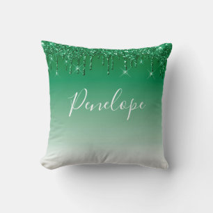 Green Glitter Dripping Monogram Throw Pillow