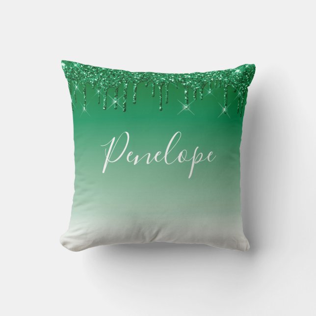 Green Glitter Dripping Monogram Throw Pillow (Front)