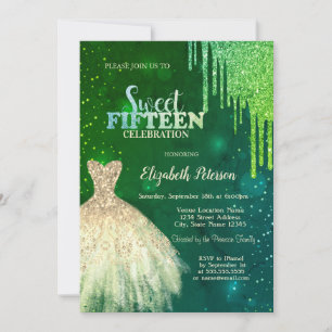 Green Glitter Drips,Gold Dress Stars Quinceanera Invitation