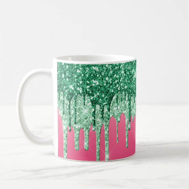 Green Glitter Drips Pink Glam Trendy Fun Coffee Mug (Left)