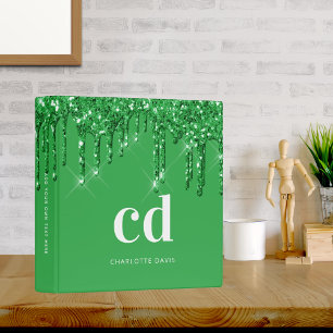 Green glitter drips white monogram name binder