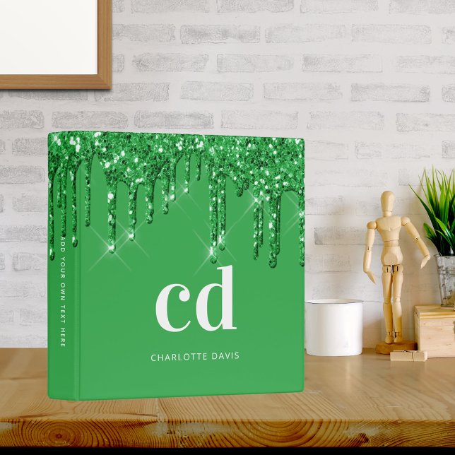 Green glitter drips white monogram name binder (Creator Uploaded)