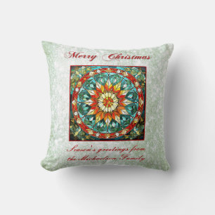 Green Glitter Effect Stained Glass Floral Mandala Throw Pillow