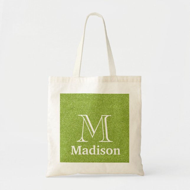 Green glitter faux personalized monogram tote bag (Front)