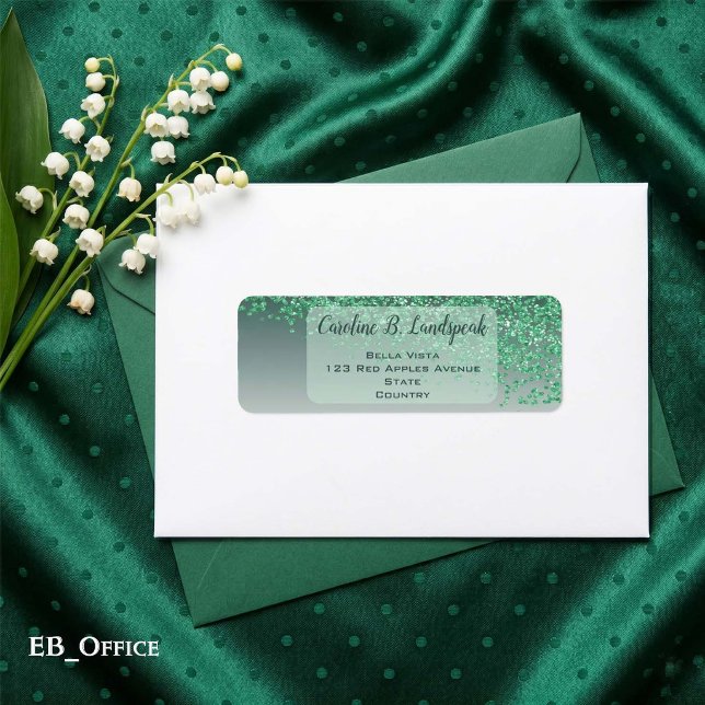 Green Glitter Frosted Elegant Return Address Label (Green Glitter Labels: 
2.25” L x 0.75” W
•	30 labels per sheet
•	Sheet: 8.5” L x 11” W
)