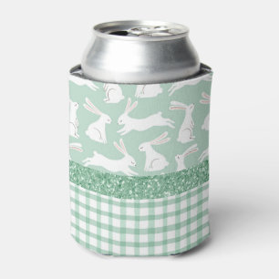 Green Glitter Gingham Plaid Rabbits  Can Cooler