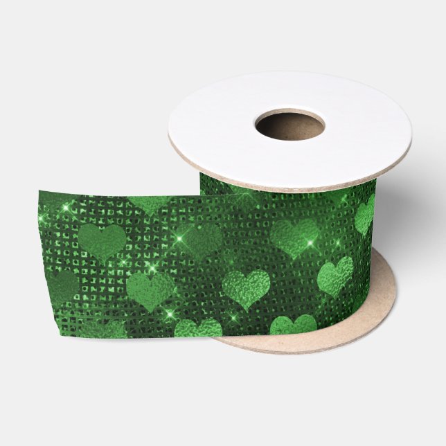 Green Glitter Glam Hearts Pattern Satin Ribbon (Spool)
