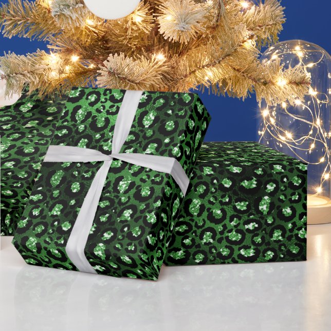 Green Glitter Glam Leopard Spots Pattern Wrapping Paper (Holidays)