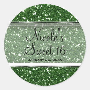 Green Glitter Glam Sweet 16 Custom Party Favour Classic Round Sticker
