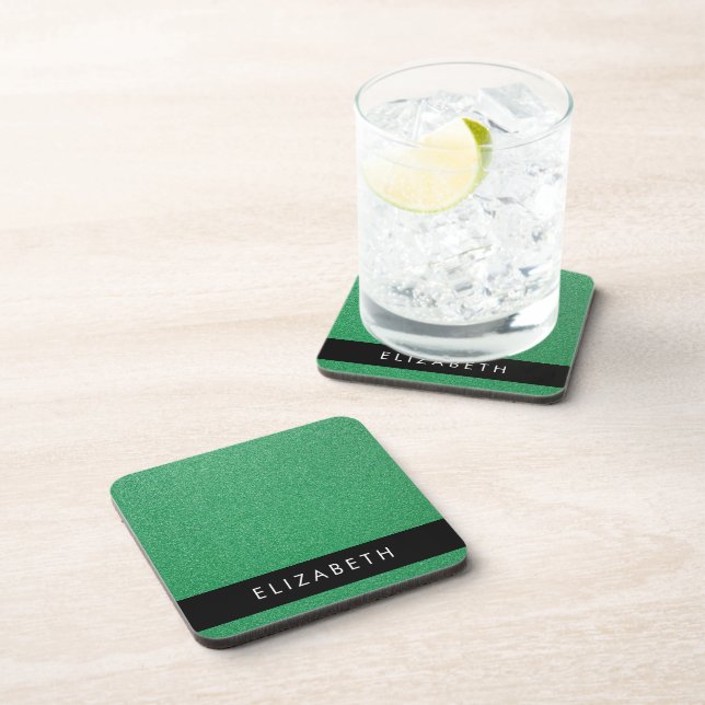 Green Glitter, Glitter Background, Your Name Coaster (Right Side)