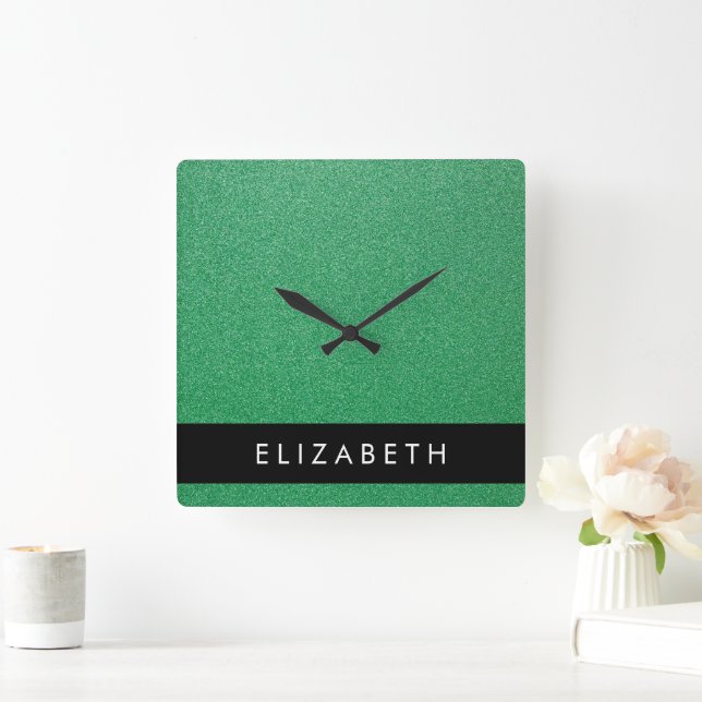 Green Glitter, Glitter Background, Your Name Square Wall Clock (Home)