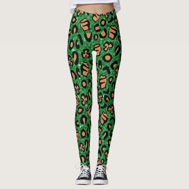 Green Glitter Gold Leopard Shamrock Clover Irish Leggings (Front)