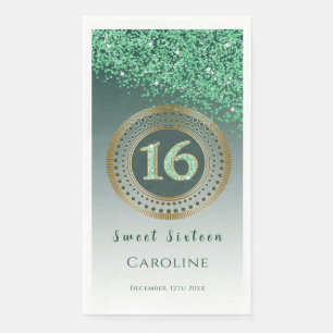 Green Glitter & Gold Sweet 16 Monogrammed Napkin
