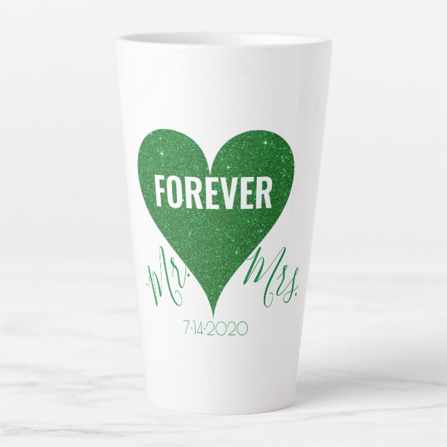 Green Glitter Heart Mr & Mrs Large Latte Mug (Front)