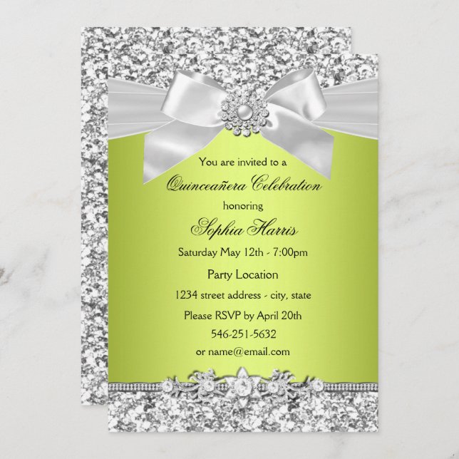 Green Glitter Jewel Bow Quinceanera Invitation (Front/Back)