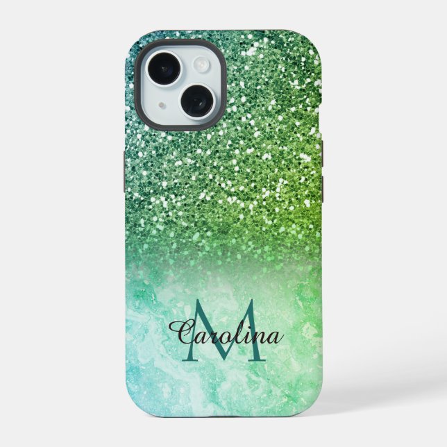 Green Glitter, Marble, Personalized iPhone 15 Case (Back)