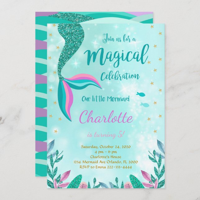 Green Glitter Mermaid Tail Birthday Invitation (Front/Back)