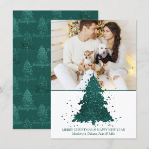 Green Glitter Merry Christmas Tree Modern Script Holiday Card