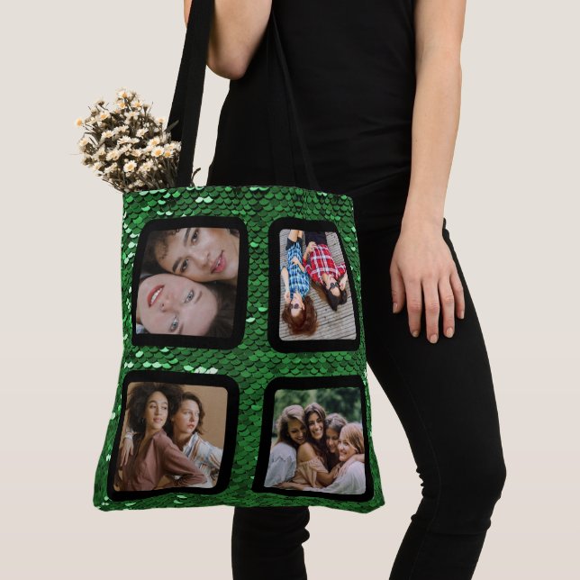 Green glitter Modern 4 Photo Collage BFF Tote Bag (Close Up)