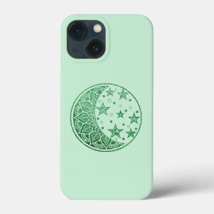 Green Glitter Moon and Stars Mandala iPhone 13 Mini Case