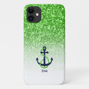 Green glitter ombre with blue anchor iPhone 11 case