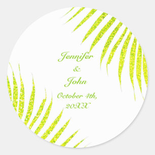 Green Glitter Palm Leaf White Tropical Wedding Classic Round Sticker