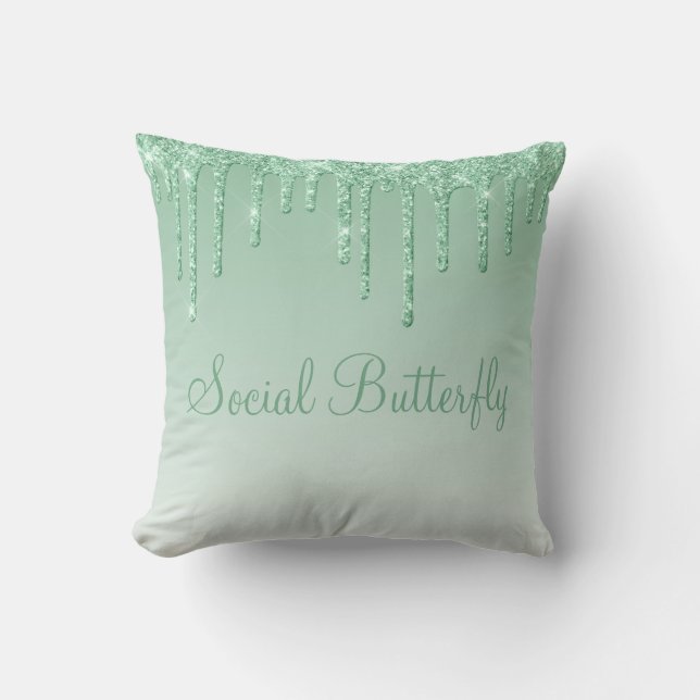 Green Glitter Pastel Butterfly  Throw Pillow (Front)