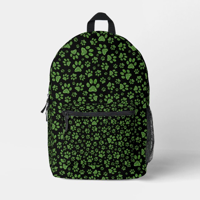 Green glitter paws sparkle effect black background printed backpack (Front)