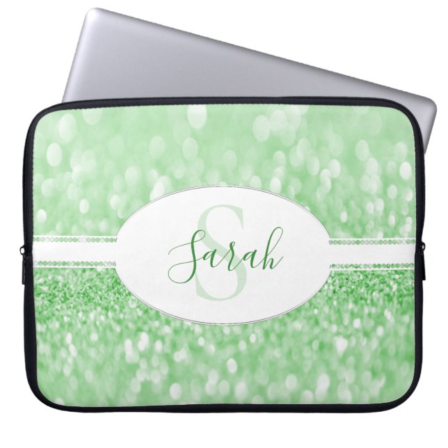 Green Glitter Personalize Laptop Sleeve (Front)