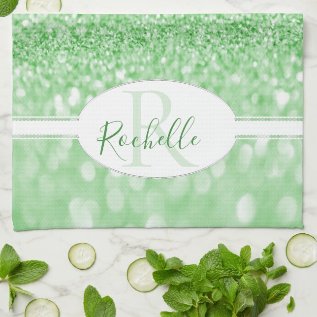 Green Glitter Personalized Kitchen Towel (Folded)