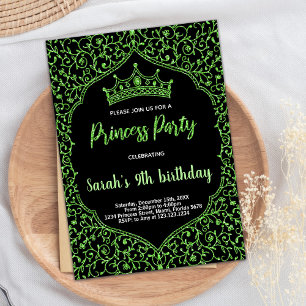 Green Glitter Princess Birthday Invitations
