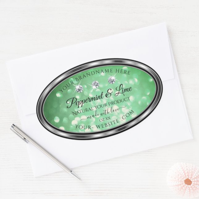 Green Glitter Product Labels with Sparkle Diamonds (Envelope)
