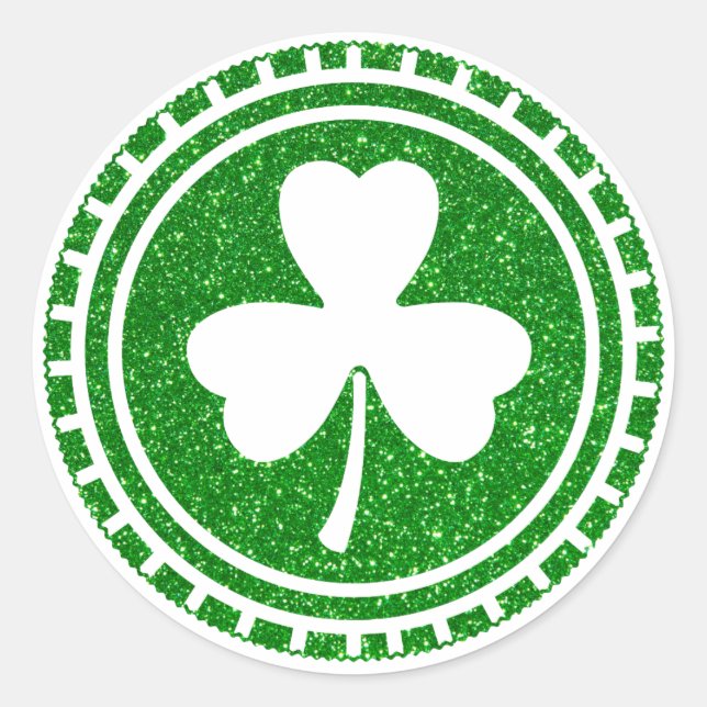 Green Glitter Shamrock Chip St Patrick's Day Classic Round Sticker (Front)