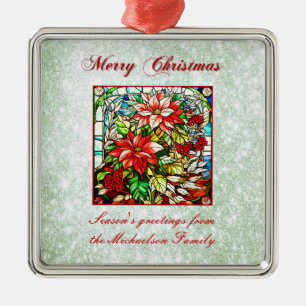 Green Glitter Stained Glass Red Christmas Flowers  Metal Ornament