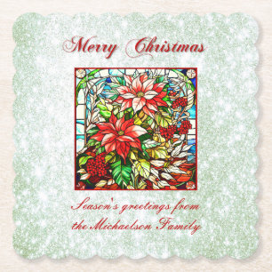 Green Glitter Stained Glass Red Christmas Flowers Paper Coaster