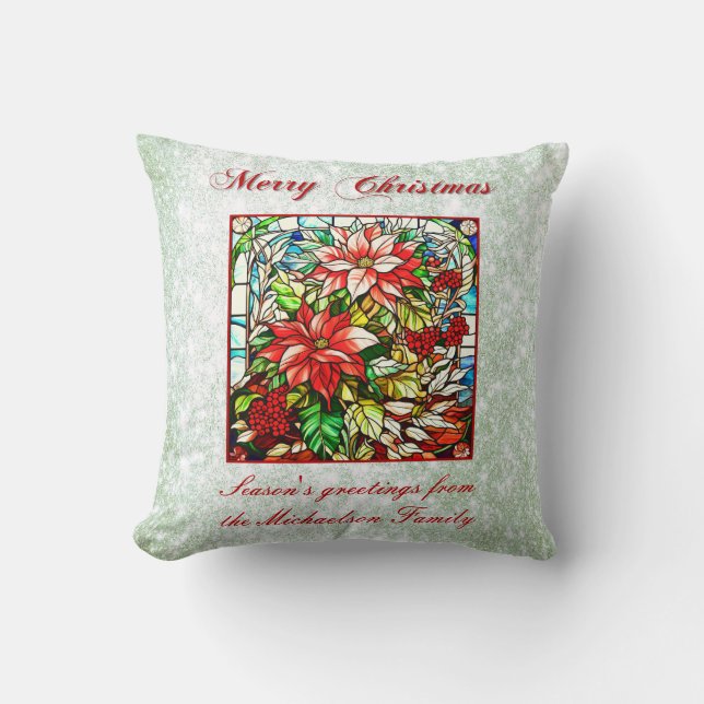 Green Glitter Stained Glass Red Christmas Flowers  Throw Pillow (Front)