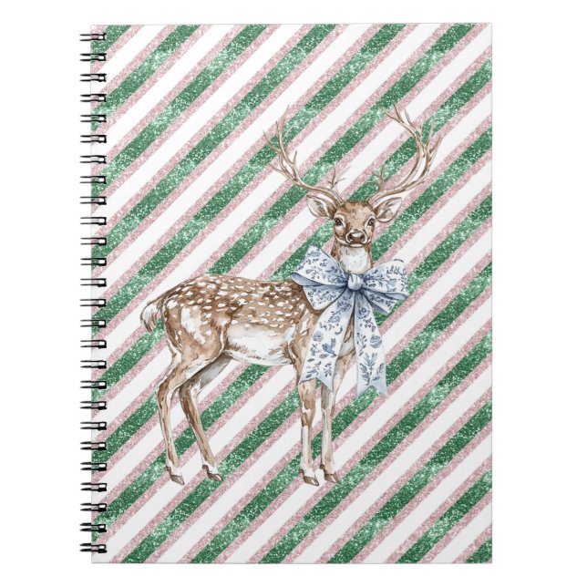 Green Glitter Stripes Blue White Bow Deer  Notebook (Front)