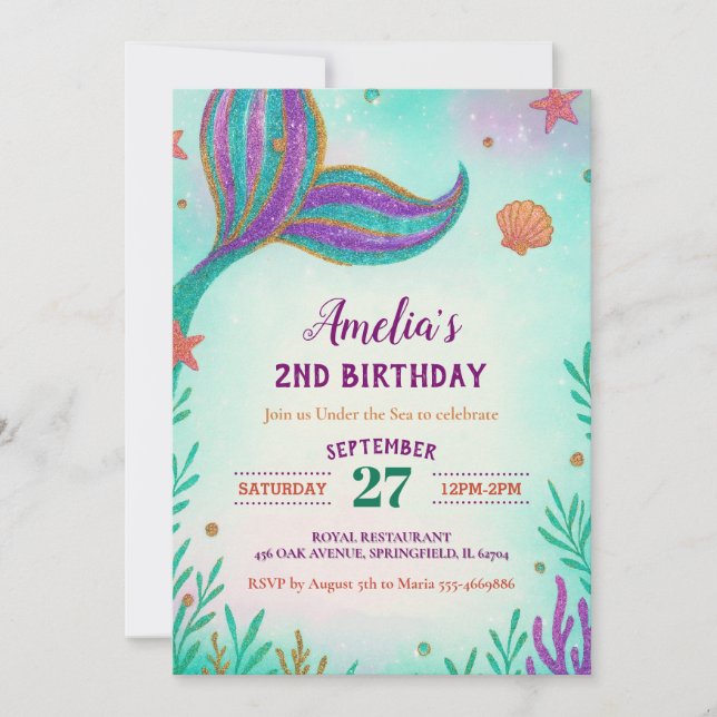 Green Glitter Under the Sea Mermaid Tail Birthday Invitation (Front)