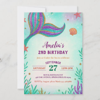 Green Glitter Under the Sea Mermaid Tail Birthday Invitation