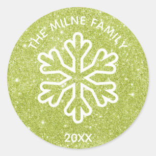 Green Glitter Year Snowflake - Circle Sticker