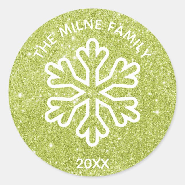 Green Glitter Year Snowflake - Circle Sticker (Front)