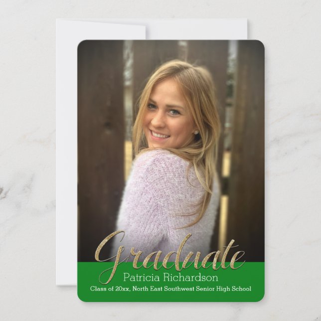 Green Glitz Overlay Photo Graduation Announcement (Front)