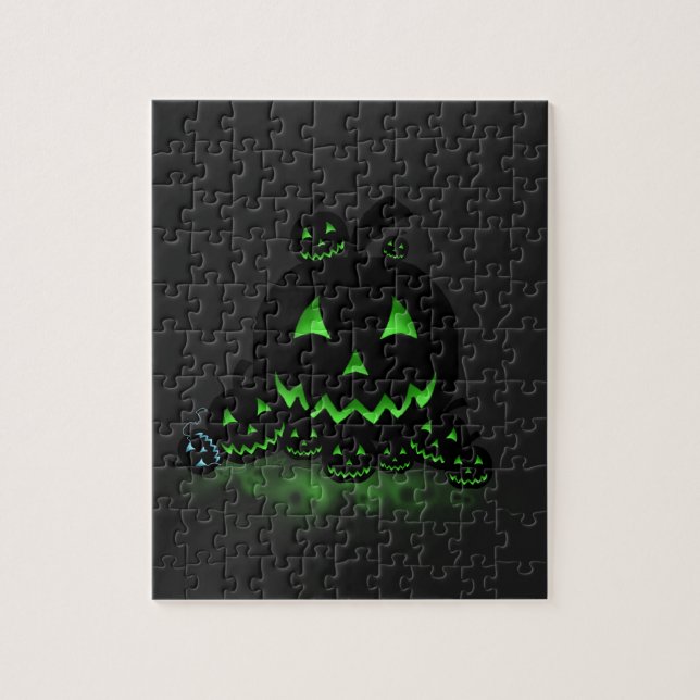 Green Glowing Black Halloween Jack O Lanterns Jigsaw Puzzle (Vertical)