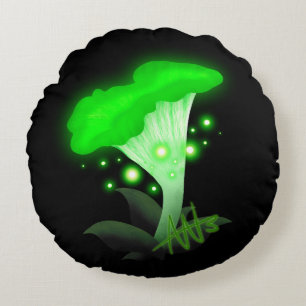 Green Glowing Mushroom Round Pillow