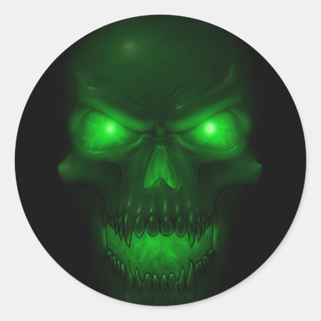Green Glowing Skull Classic Round Sticker (Front)