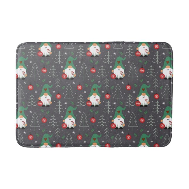 Green Gnome Christmas Tree Ornaments Pattern Bath Mat (Front)
